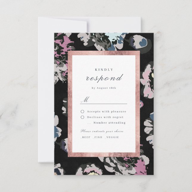 Modern classic black abstract floral wedding RSVP card (Front)