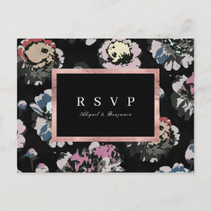 Modern classic black abstract floral wedding RSVP Invitation Postcard