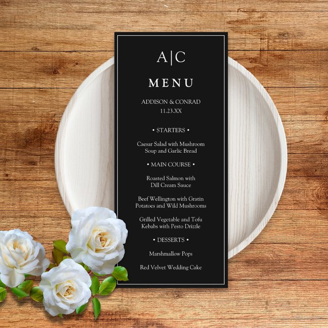  Modern Classic Black Monogram Wedding Flat Menu (Creator Uploaded)
