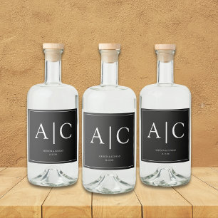 Modern Classic Black Monogram Wedding Liquor Bottle Label