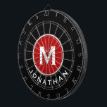 Modern Classic Black Red Monogram Name Dartboard<br><div class="desc">Modern black dart board with red monogram medallion,  classic block typography initial and name in white. Personalise with name and initial.</div>