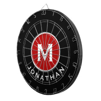 Modern Classic Black Red Monogram Name Dartboard