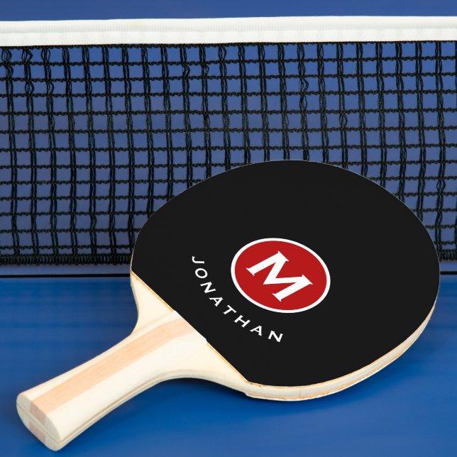 Modern Classic Black Red Monogram Name Ping Pong Paddle (Insitu)