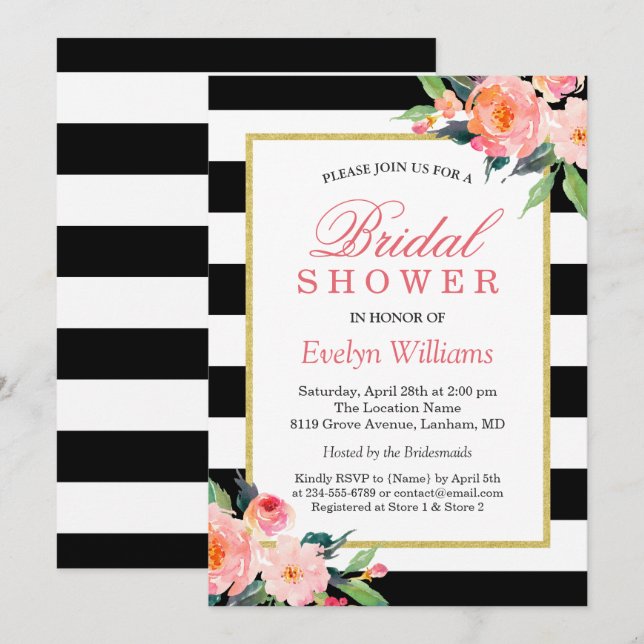 Modern Classic Black Stripes Floral Bridal Shower Invitation (Front/Back)