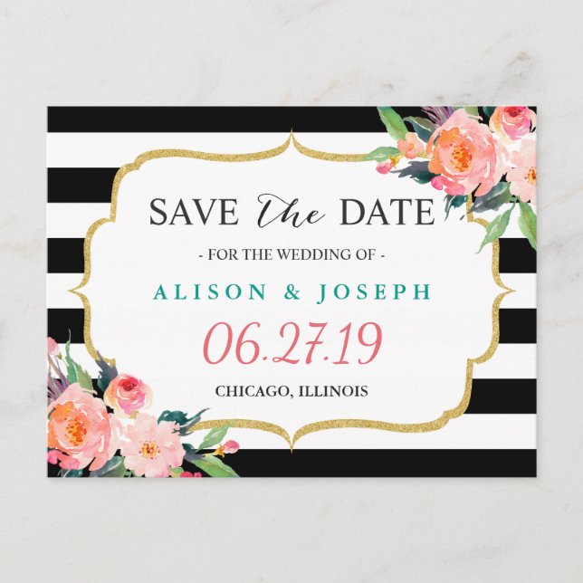 Modern Classic Black Stripes Floral Save the Date Announcement Postcard (Front)