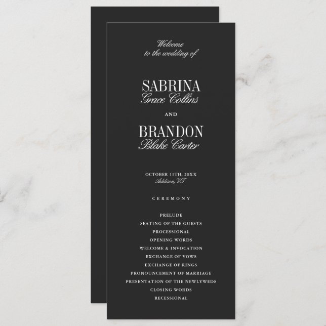 Modern Classic Black Wedding Ceremony Program (Front/Back)