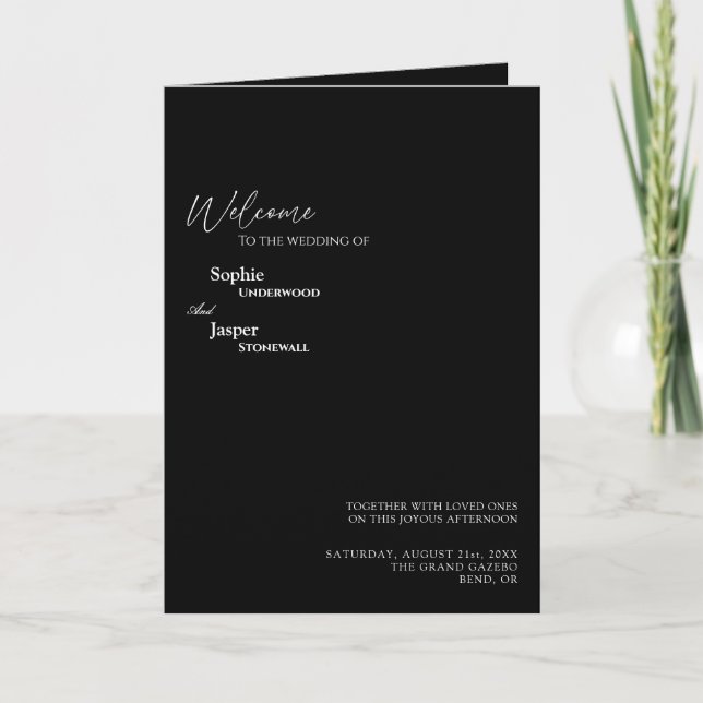 Modern Classic Black Wedding Folded Program Programme (Front)
