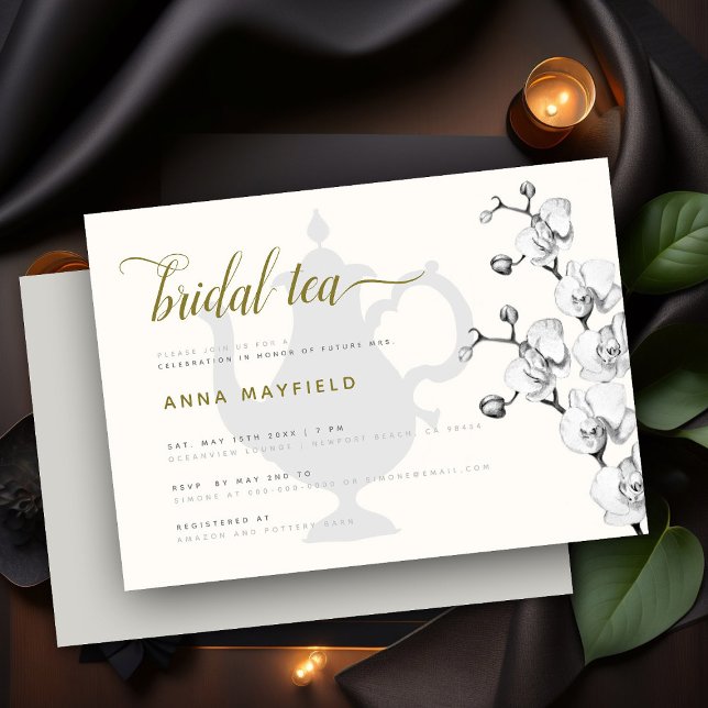 Modern Classic Black White Gold Orchid Bridal Tea Invitation (Creator Uploaded)