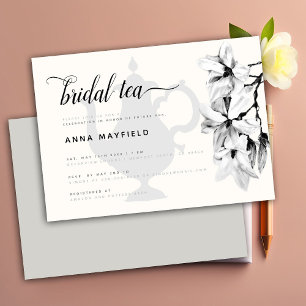 Modern Classic Black White Magnolia Bridal Tea Invitation