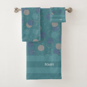 Modern Classic Blue Circles Pattern First Name Bath Towel Set