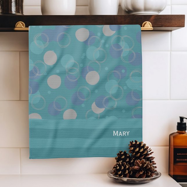Modern Classic Blue Circles Pattern First Name Tea Towel (Creator Uploaded)