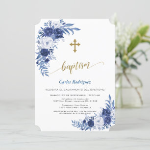 Modern Classic Blue Flowers Cross Boy Baptism Invitation