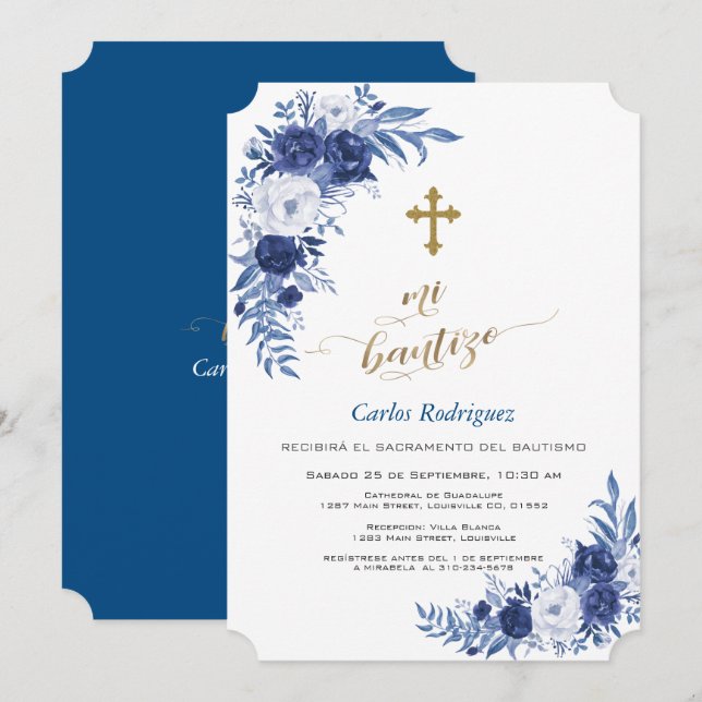 Modern Classic Blue Flowers Cross Boy Mi Bautizo Invitation (Front/Back)