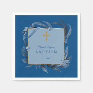 Modern Classic Blue Gold Cross Boy Baptism Napkin