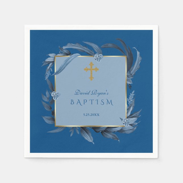 Modern Classic Blue Gold Cross Boy Baptism Napkin (Front)