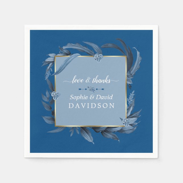 Modern Classic Blue Leaves Geometric Gold Wedding Napkin (Front)