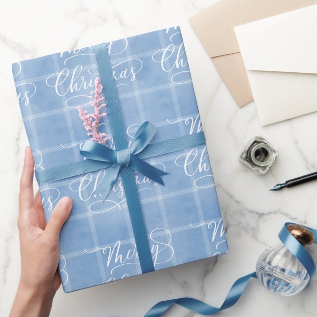 Modern Classic Blue Plaid Merry Christmas Holiday Wrapping Paper (Gifting)