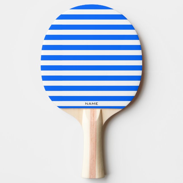 Modern Classic Blue White Stripes Custom Name Ping Pong Paddle (Front)