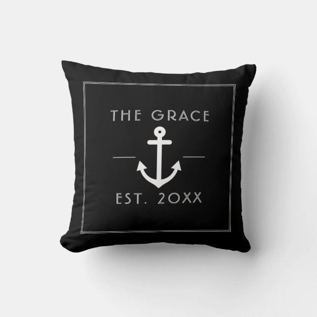 Modern Classic Boat Name Nautical Black Cushion (Front)