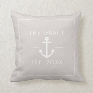 Modern Classic Boat Name Nautical Tan Cushion