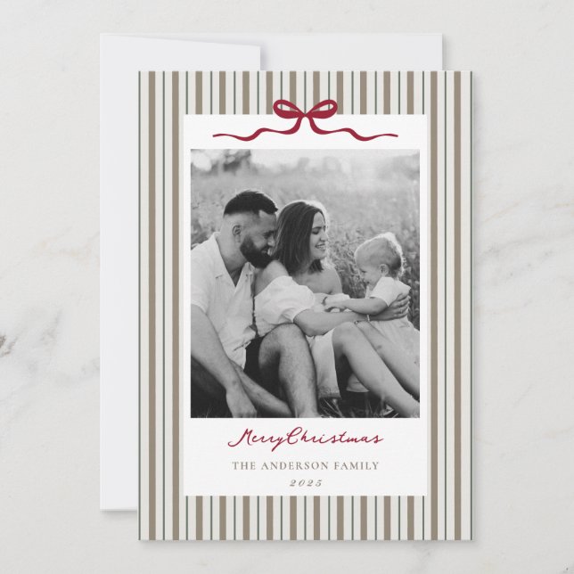 Modern Classic Bow and Stripes Two Sided Photo Holiday Card (Front)