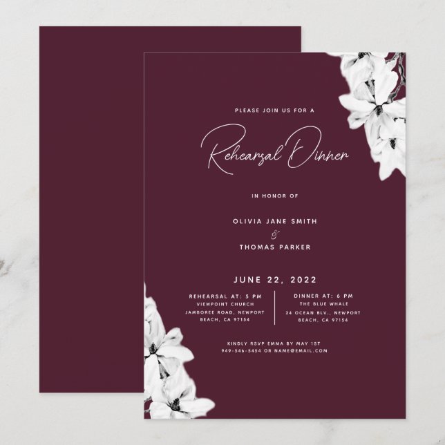 Modern Classic Burgundy Magnolia Rehearsal Dinner Invitation (Front/Back)