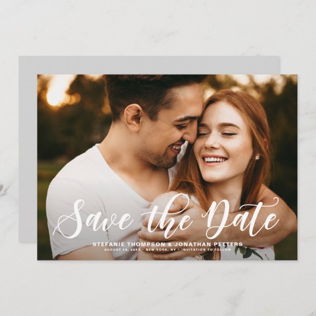 Modern Classic Calligraphy Overlay Photo Save The Date (Front/Back)