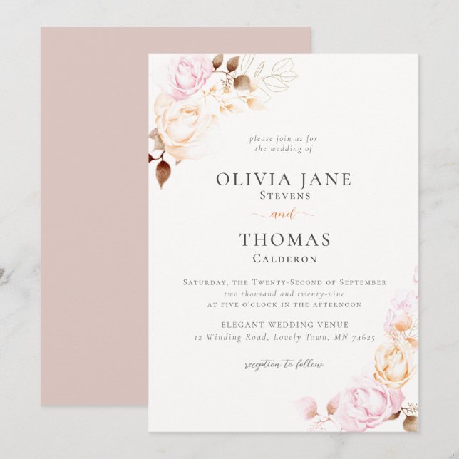 Modern Classic Cream Fall Floral Wreath Wedding Invitation (Front/Back)