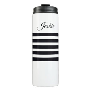 Modern Classic Custom Script White & Black Stripes Thermal Tumbler