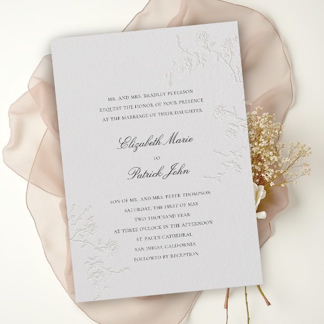 Modern Classic Delicate Wild Roses Ivory Wedding Invitation (modern classic wedding invitation card delicate wild roses wildflowers formal black tie ballroom iv)