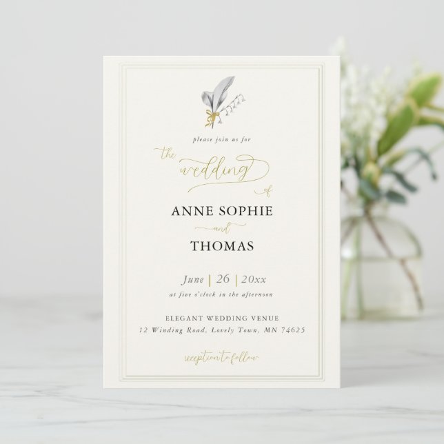 Modern Classic Ecru Frame Lily of Valley Wedding Invitation (Standing Front)