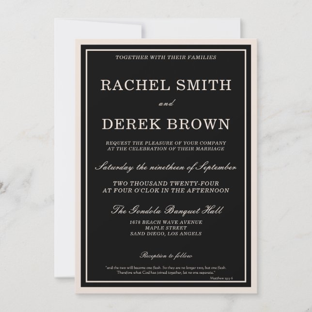 Modern Classic Elegant Black Ivory Scripts Wedding Invitation (Front)