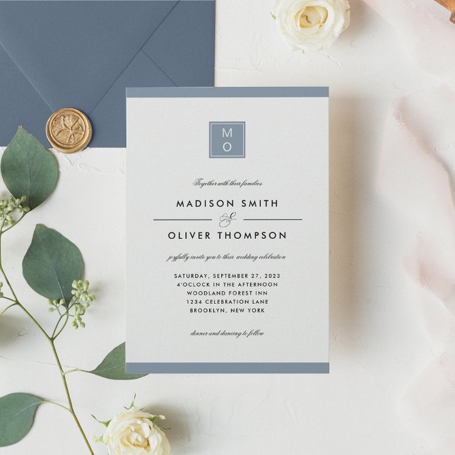 Modern Classic Elegant Dusty Blue Monogram Wedding Invitation (Creator Uploaded)