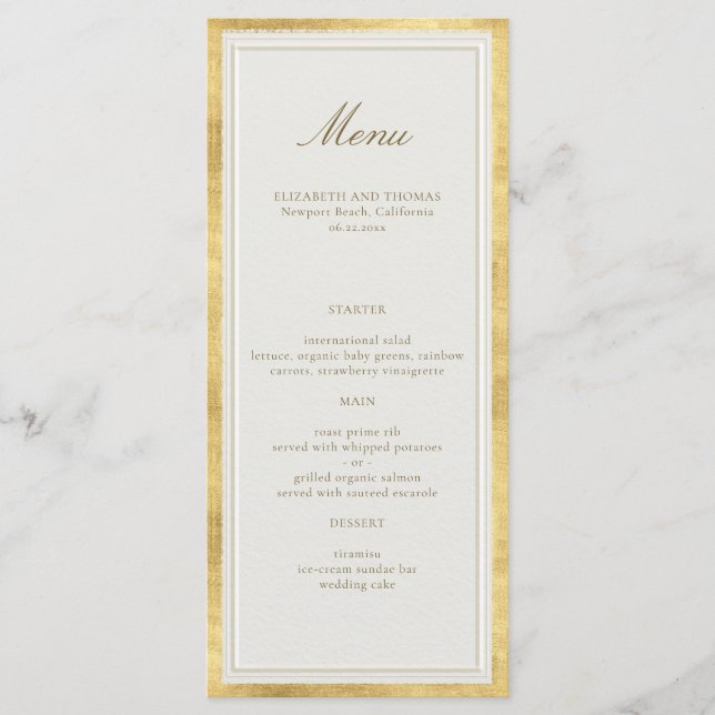 Modern Classic Elevated Gold Ecru Formal Wedding Menu (Front)