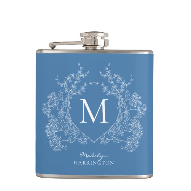 Modern Classic French Blue Floral Crest Monogram Hip Flask (Front)