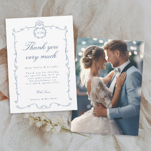 Modern Classic French Frame Blue Wedding Photo Thank You Card