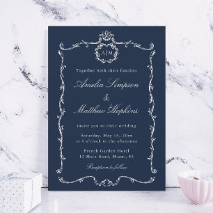 Modern Classic French Frame Wedding Navy Blue Invitation