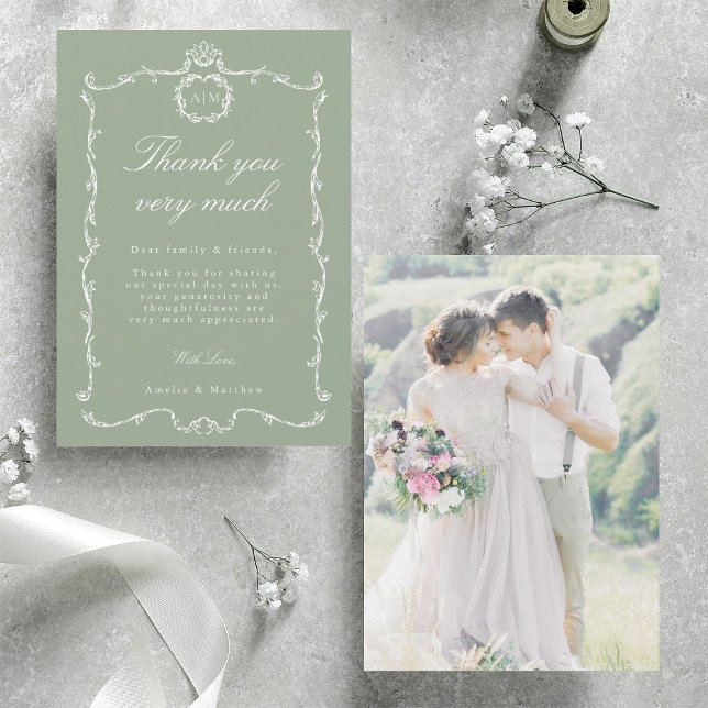 Modern Classic French Wedding Photo Sage Green Thank You Card (Front & Back)