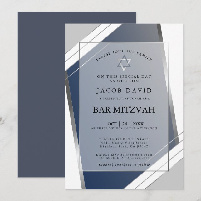 Modern Classic Geometric Blue SIlver Bar Mitzvah I Invitation (Front/Back)
