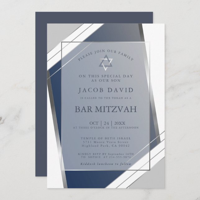 Modern Classic Geometric Blue SIlver Bar Mitzvah Invitation (Front/Back)