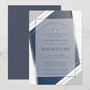 Modern Classic Geometric Blue SIlver Bar Mitzvah Invitation