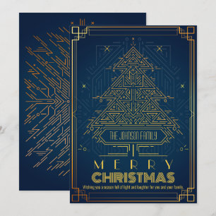 Modern Classic Gold Blue Geometric Christmas Tree Holiday Card