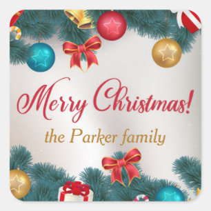Modern Classic gold red green merry christmas Square Sticker