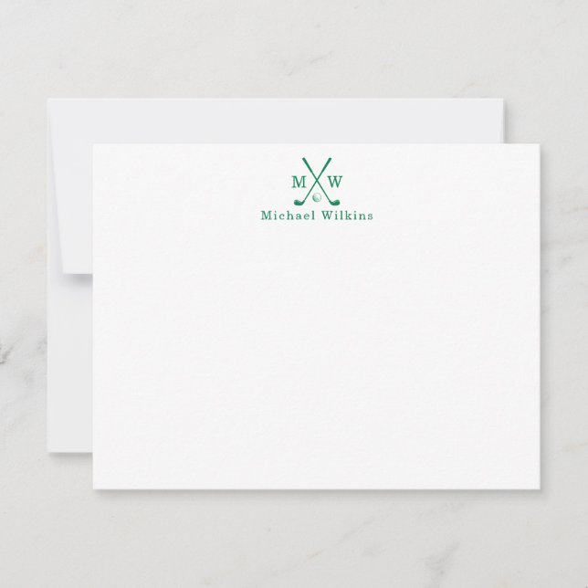 Modern Classic Green Crossed Clubs Golf Monogram Card (Front)