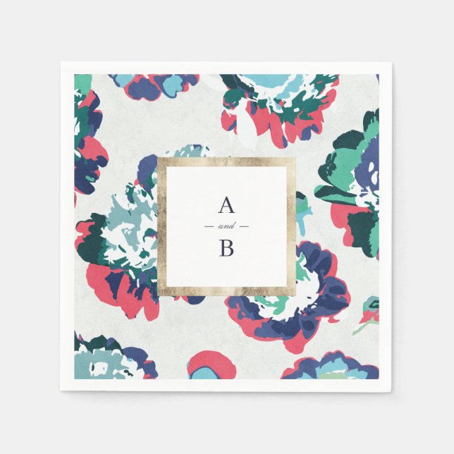 Modern classic green gold abstract floral monogram napkin (Front)