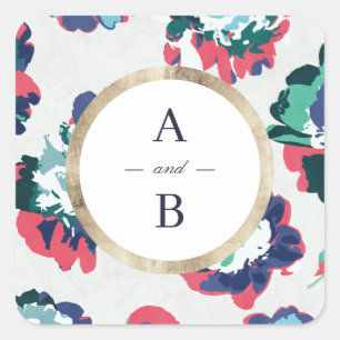 Modern classic green gold abstract floral monogram square sticker