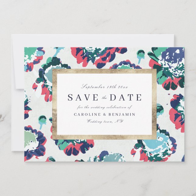 Modern classic green gold abstract floral save the date (Front)