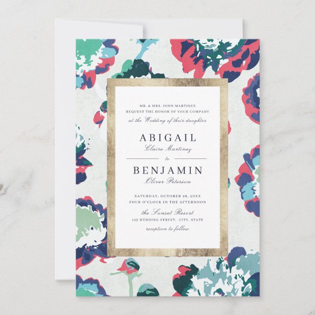 Modern classic green gold abstract floral wedding invitation (Front)