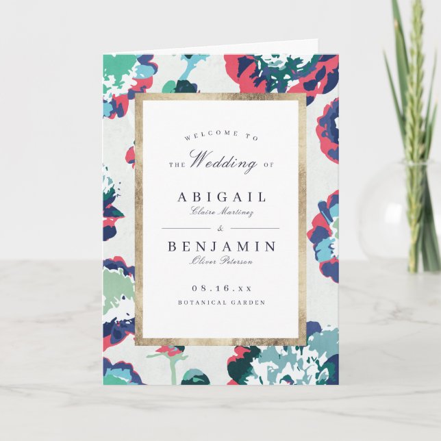 Modern classic green gold abstract floral wedding programme (Front)