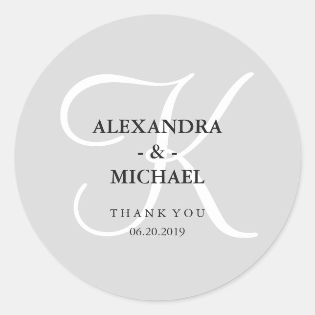 Modern Classic Grey Monogram and Thank You Round Sticker (Front)